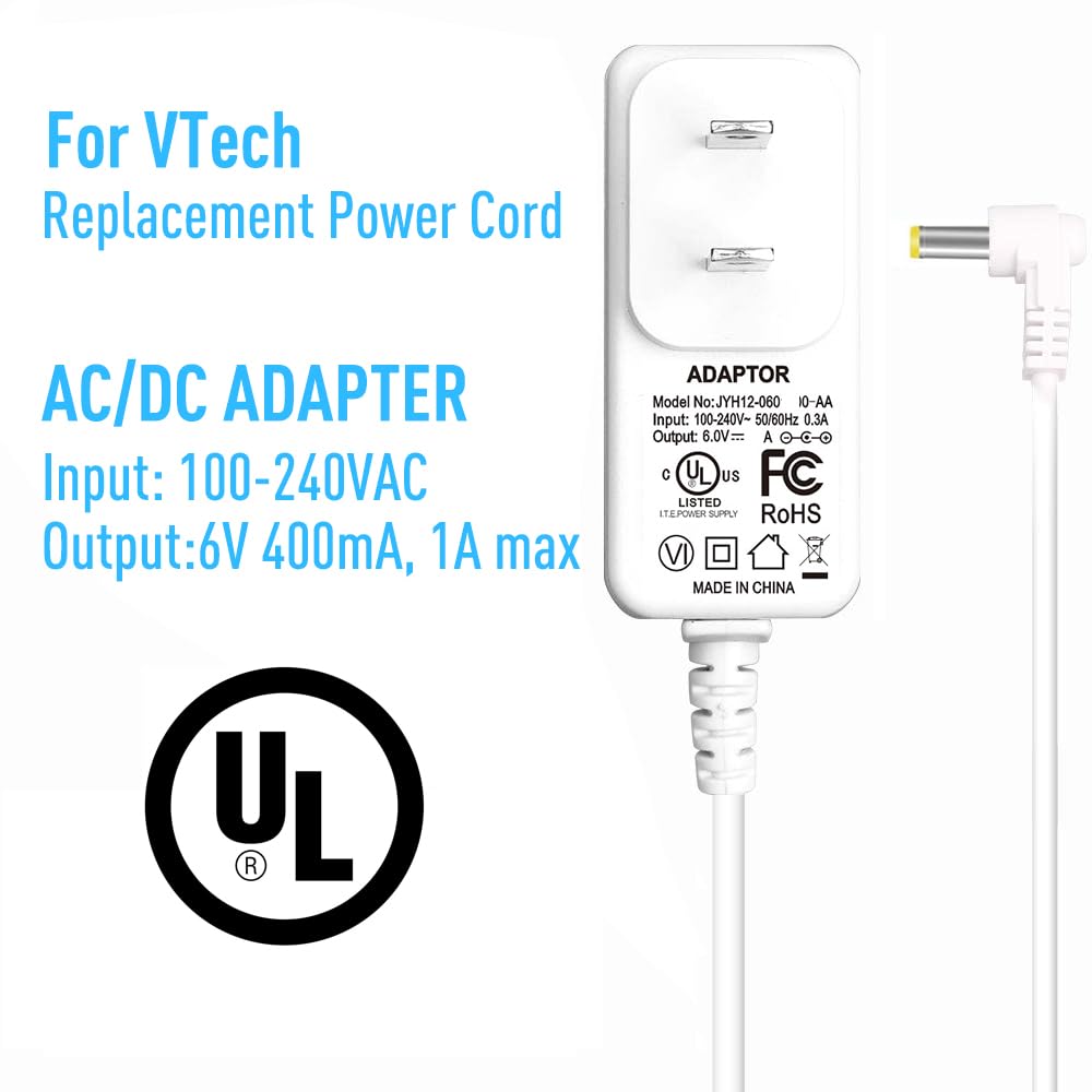 Cable de alimentación para cargador de monitor de bebé VTech: 6 V USA UL Listed Adapter Compatible con DM221 DM221-2 DM223 DM251 (unidades para padres y bebés) DM111 DM112 DM222 DM271 (solo unidad