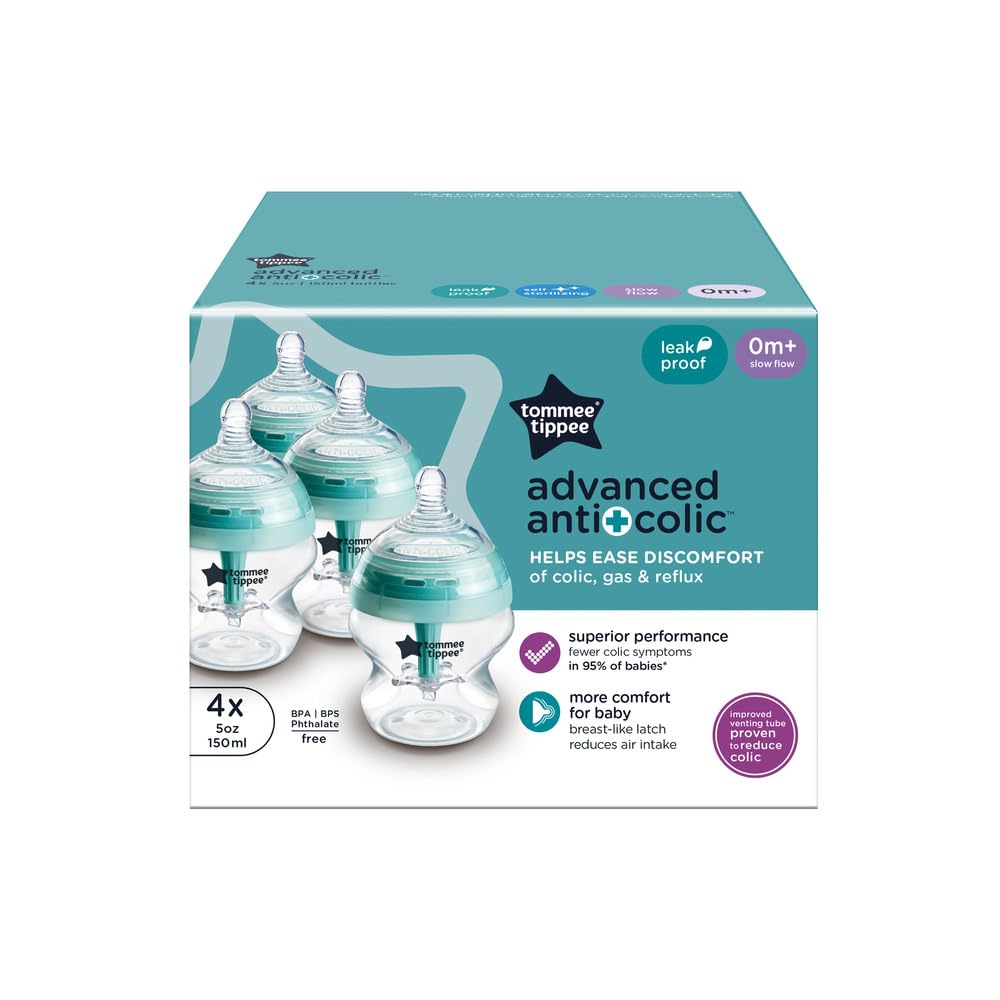 Biberón Anticólicos Tommee Tippee Azul con Tetina de Flujo Lento, Pack de 4
