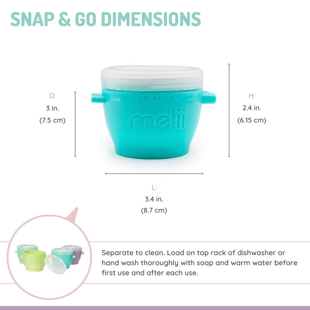 melii Snap & Go Recipientes de almacenamiento de alimentos para bebés | Paquete de 4 de 4 oz, recipientes apilables para aperitivos con tapas herméticas, sin BPA, tazas reutilizables para alimentos de