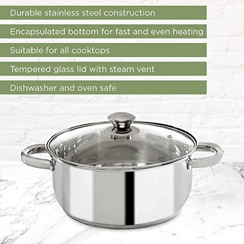 Ecolution Olla de acero inoxidable con parte inferior encapsulada a juego con tapas ventiladas de vidrio templado, hecha sin PFOA, apta para lavavajillas, 5 cuartos de galón, color plateado