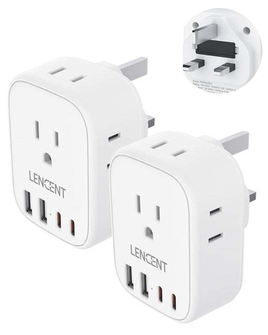 LENCENT 2X Adaptador de Enchufe Inglés Tipo G, Adaptador de Corriente para UK, Cargador con 4 Salidas CA&2 USB-C+2 USB-A, Adaptador para Viaje de México a Reino Unido, Hong Kong, Irlanda, Dubái