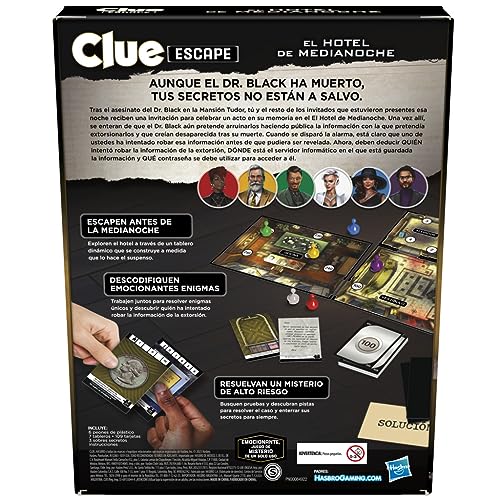 Hasbro Gaming Clue Escape: El Hotel de Medianoche - Juego de Mesa Estilo Escape de la habitación de un Solo Uso para 1 a 6 Jugadores