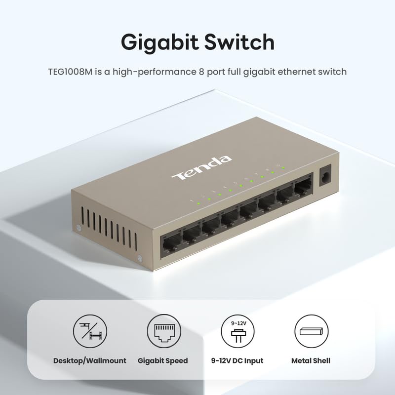 Tenda TEG1008M, Conmutador Gigabit de 8 Puertos, Conmutador Ethernet no gestionado con optimización de tráfico, Plug & Play, diseño metálico y sin Ventilador, protección Limitada de por Vida