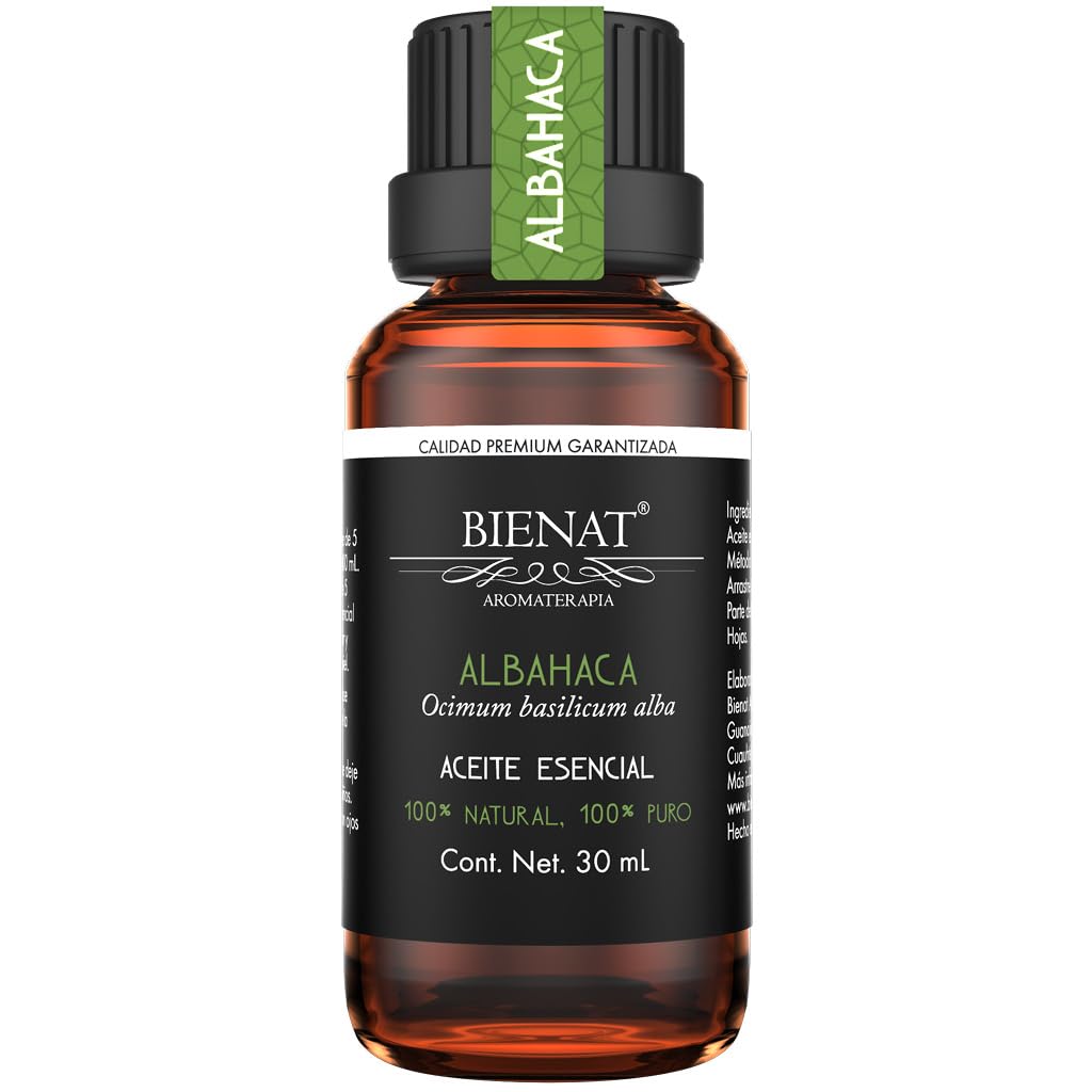 BIENAT AROMATERAPIA Aceite Esencial de Albahaca 30mL | 100% Puro y Concentrado | Ideal para Difusor de Aromas, Humidificador, Aromaterapia, Masajes, Meditación, Jabones y Velas | Esencia Natural en Gotas