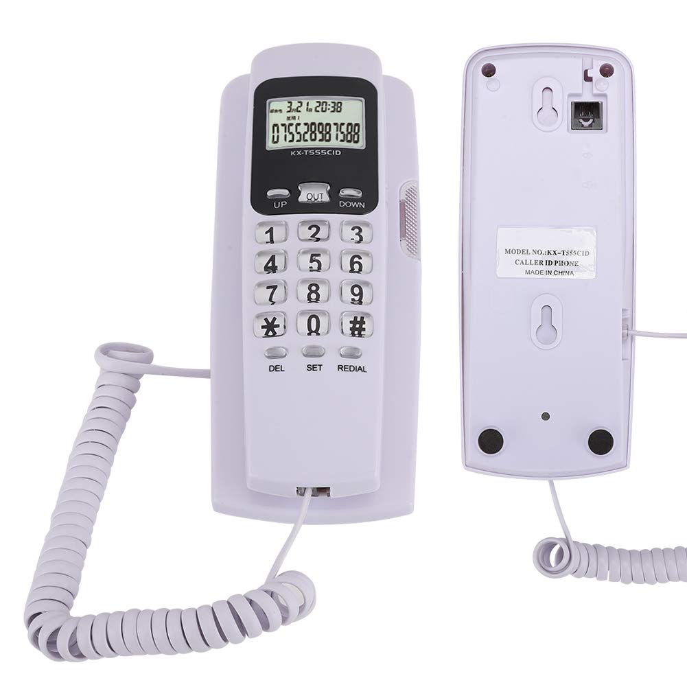 Ymiko T555 Mini teléfono montado en la Pared Identificador de Llamadas Teléfono con Pantalla LCD Luz de Fondo para la Oficina del Hotel(Blanco)
