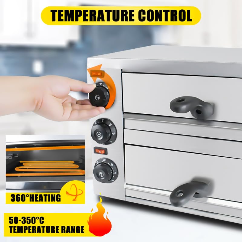 KOOTEN - Horno de pizza de mesa de 2 niveles, acero inoxidable comercial eléctrico para interiores con temporizador para el hogar y el restaurante