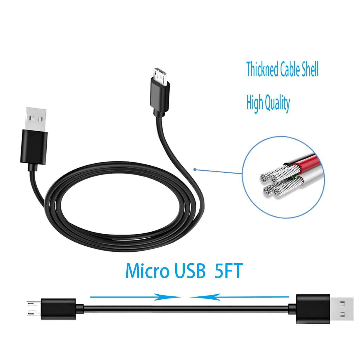 LIAUBN - Cable cargador USB Micro Mpow compatible con Mpow 059, M5, H19 IPO, H17, H7 Pro, H7, H12, MDots, mandíbulas sobre la oreja, cable de carga micro USB (5 pies)