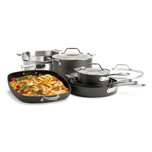 All-Clad Essentials - Juego de utensilios de cocina antiadherentes anodizados duros, 10 unidades, aptos para horno, ollas y sartenes 350F, color negro