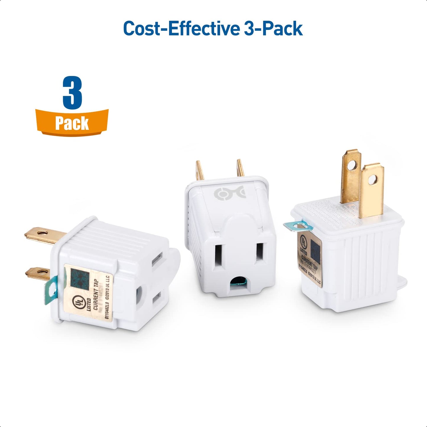 Cable Matters - Paquete de 3 adaptadores de 2 clavijas a 3 clavijas, adaptador de enchufe 3P a 2P - Convierte una toma de 2 clavijas para soportar enchufes de 3 clavijas, blanco