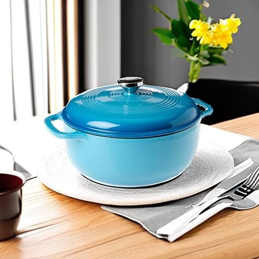 Lodge - Horno holandés de hierro fundido esmaltado de 6 cuartos con tapa, asas dobles, apto para horno hasta 500 °F o en estufa, uso para marinar, cocinar, hornear, refrigerar y servir, azul aciano