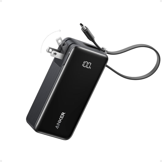 Cargador Portátil Anker USB C Negro 3-en-1 de 30W Máx con Enchufe Plegable y Cable Integrado