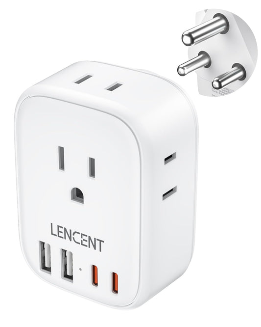 LENCENT Adaptador de Viaje para Sudáfrica, Adaptador de Corriente con 4 Salidas CA, Cargador Tipo M con 2 Puertos USB A y 2 Puertos USB C, Regleta de EE. UU. a Bután Botsuana Namibia Zimbabue