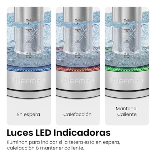 Chefman Hervidor eléctrico con control de temperatura, infusor de té extraíble, 5 luces indicadoras LED preestablecidas, base giratoria de 360°, sin BPA, acero inoxidable, 1,8 litros