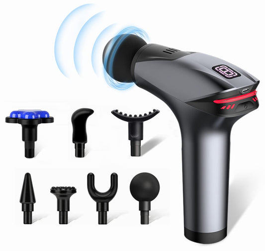 Pistola de Masaje Muscular, Pistola de Masaje Silenciosa con 8 Velocidades Ajustables, Masajeador Muscular de Tejido Profundo para el Alivio del Dolor Muscular, 7 Cabezales de Masaje, Carga USB (Gris)