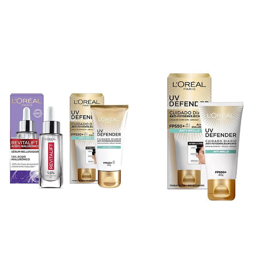 L'Oréal Paris Kit Con Protector Diario FPS50+ Anti-Brillo UV Defender y Serum Facial de Revitalift con Ácido Hialurónico + L'Oréal Paris Protector Solar Diario Anti-Brillo FPS50+ UV Defender, 40ml