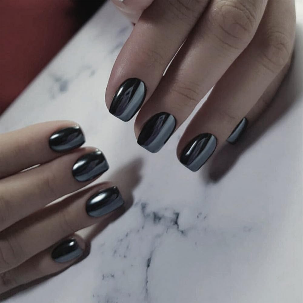 Uñas postizas de metal con efecto espejo, cuadradas, cortas, con acabado cromado, de gel, brillantes, acrílicas, reutilizables, gruesas, para mujer, con pegamento