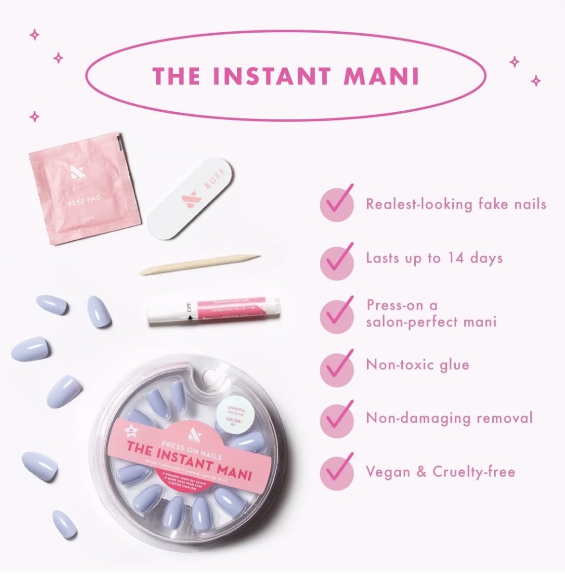 Olive & June Uñas postizas Instant Mani (con pegamento) | 42 uñas postizas, 21 tamaños | Materiales reciclados no tóxicos y duraderos | Aspecto realista | Calidad de salón en casa | Med