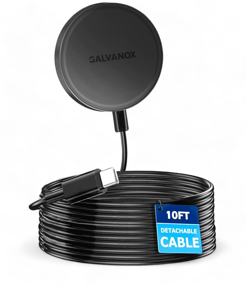 Galvanox Cargador inalámbrico largo, compatible con MagSafe (cable de 10 pies) magnético de 15 W, almohadilla de carga rápida para iPhone con cable flexible y extraíble (negro)
