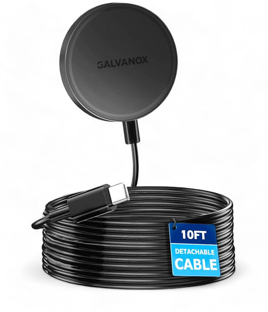 Galvanox Cargador inalámbrico largo, compatible con MagSafe (cable de 10 pies) magnético de 15 W, almohadilla de carga rápida para iPhone con cable flexible y extraíble (negro)
