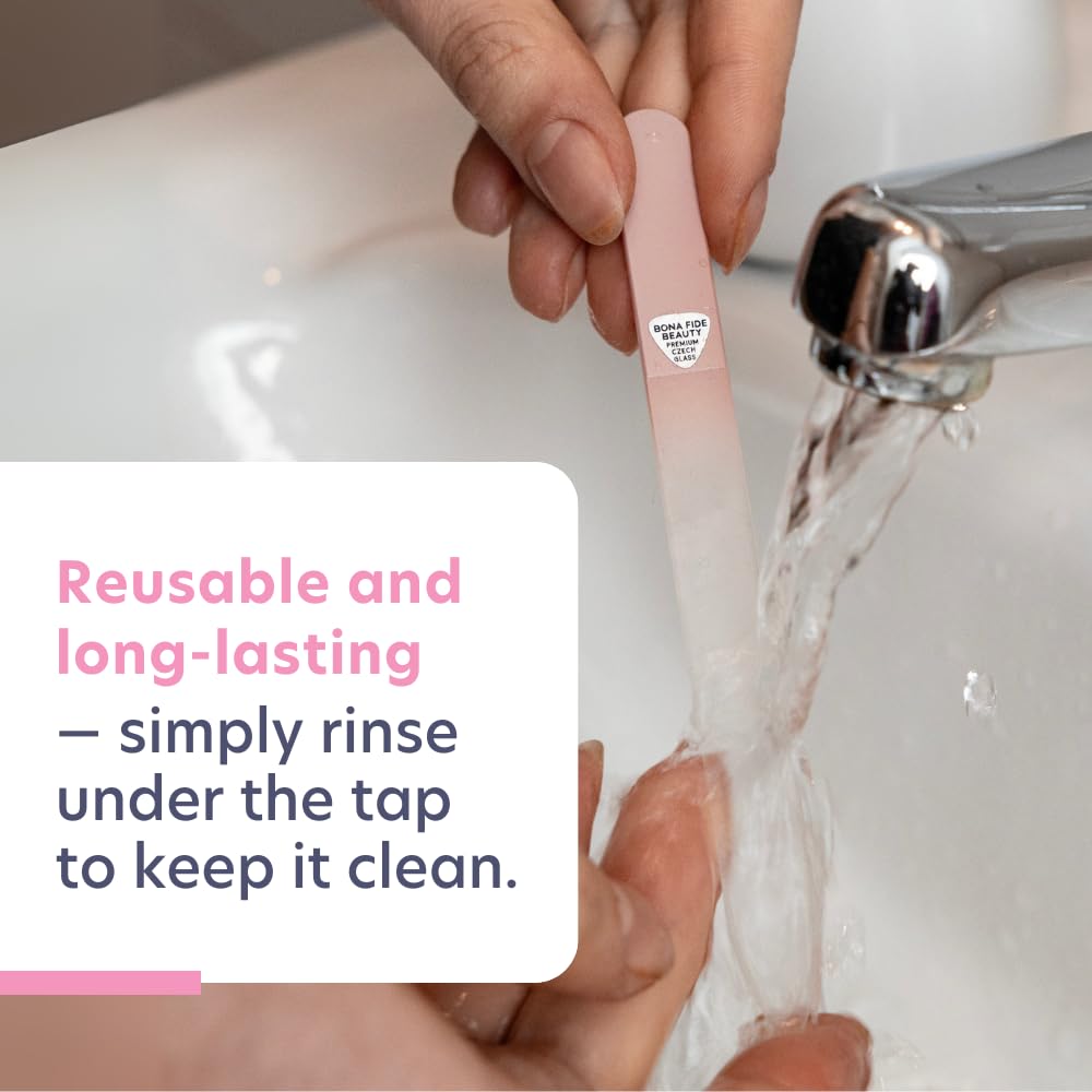 BONA FIDE BEAUTY Lima de Uñas de Cristal Checo para Uñas Naturales (Frambuesa) - Grano Fino (180/240) Lima de Uñas de Cristal Grabada con Estuche Transparente. Regalo Ideal para Mujeres.