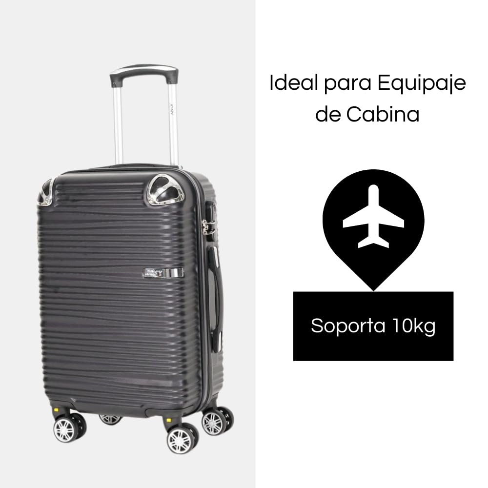 Maleta de Mano JONY Carry On Rigida Resistente Ruedas Giratorias 360 Mango Expandible ABS Candado de Seguridad (Negro Rayado)
