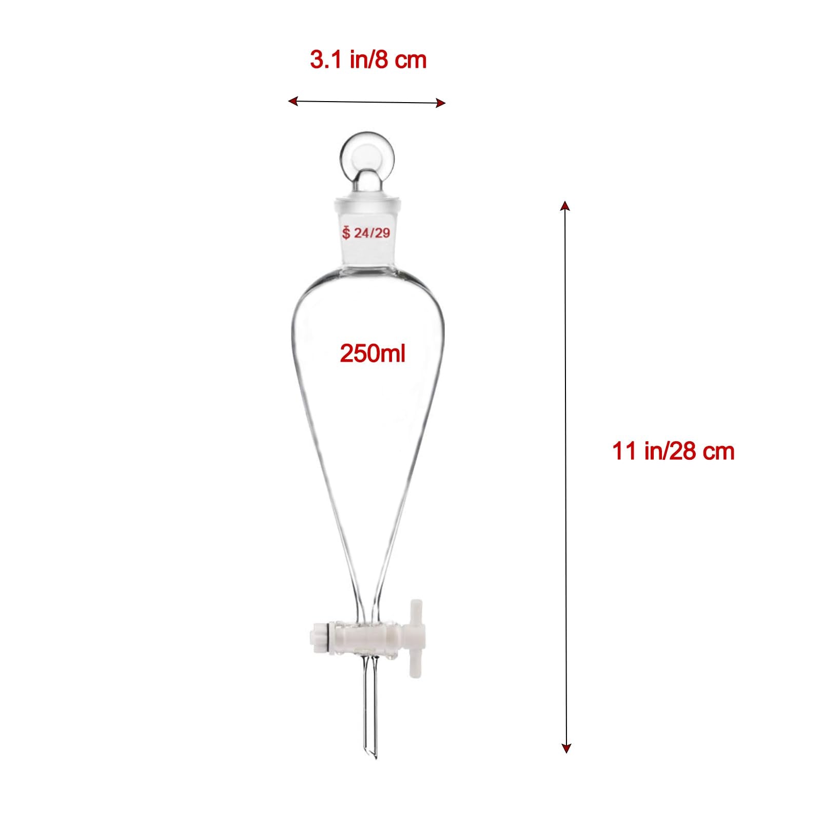 Embudo Separador de Vidrio de Borosilicato Cónico Transparente con Juntas 24/40 y Llave de Paso PTFE, 250 ml