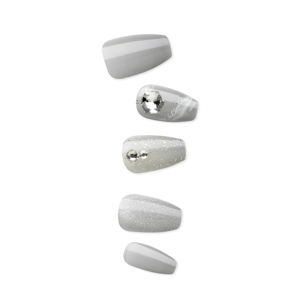 KISS imPRESS Press-On Manicure Premium Collection Fake Nails - Legacy, Gray, V-Cut Stone, Medium & Ballerina/Coffin Shape, Easy To Apply, Super Hold, Chip Proof, Smudge Proof, No Dry Time | 30 Count