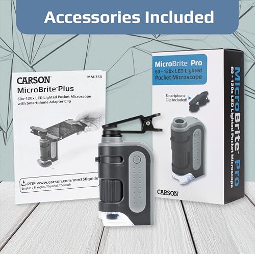 Carson MicroBrite Pro - Microscopio de Bolsillo con luz LED 60x-120x con Sistema de Lente asférica y Clip Digital para Smartphone (MM-350)