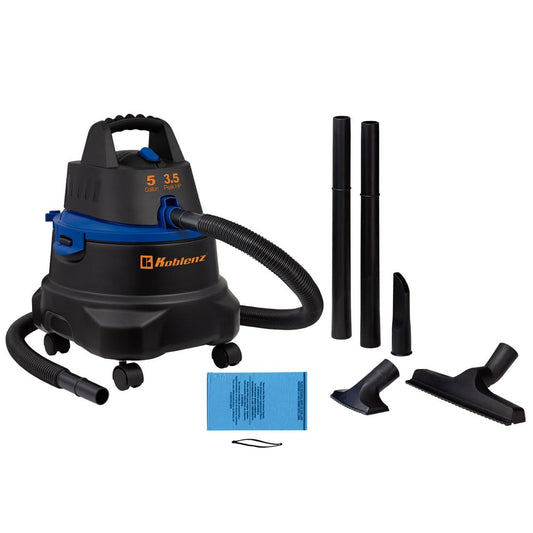 Koblenz WD-5 MA - Aspiradora Seco Mojado 3 en 1 con Sistema de Expulsión de Aire, Cable eléctrico y Accesorios, Tanque con Capacidad de 5 galones y Motor de 3.5 HP