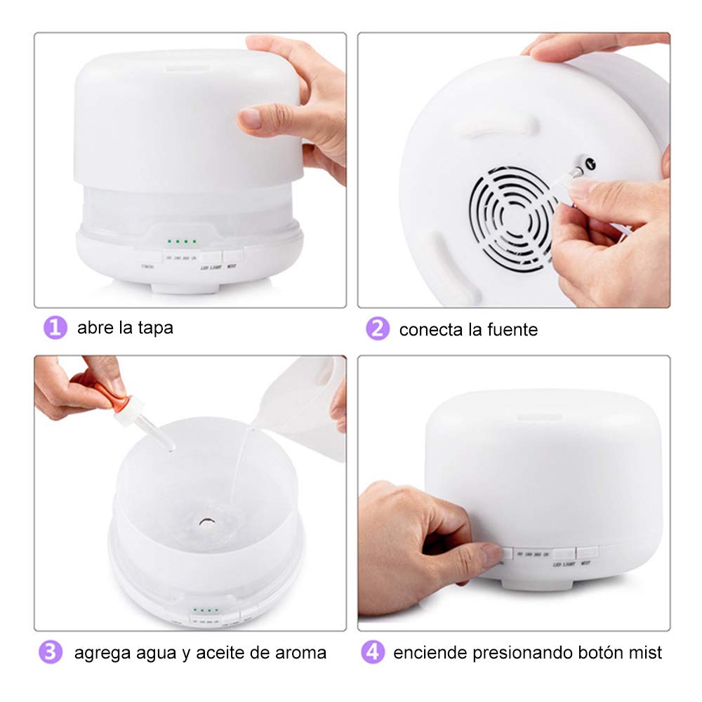 E T EASYTAO | Difusor de Aceite Esencial, con 6 Botellas de Aceites,Hacer Velas Aromaticas Y Jabón, Vapor Silencioso Ajustable, Humidificador Ultrasónico 500ml de 7 Colores para Relajar (con Esencias)