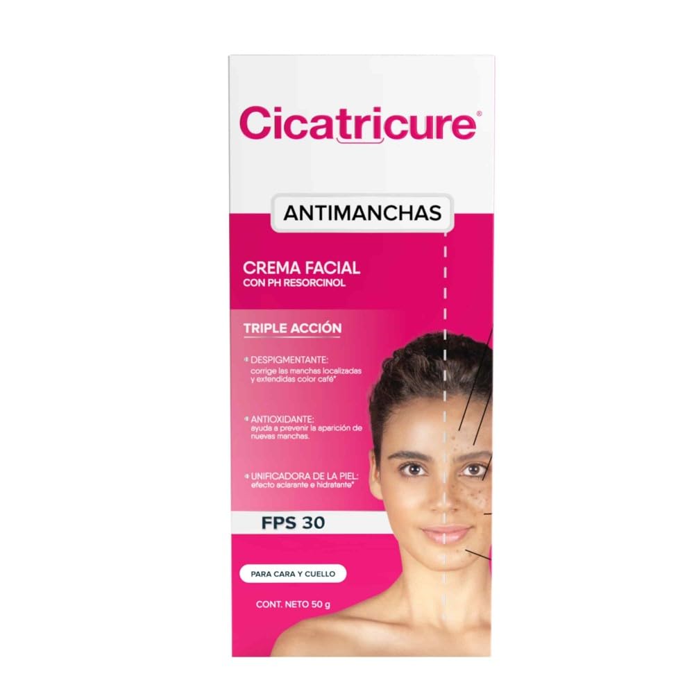 CICATRICURE - Crema facial Anti-manchas. Efecto de triple acción, despigmentante, antioxidante y unificante de la piel, con FPS 30. Uso para cara y cuello, presentación de 50g