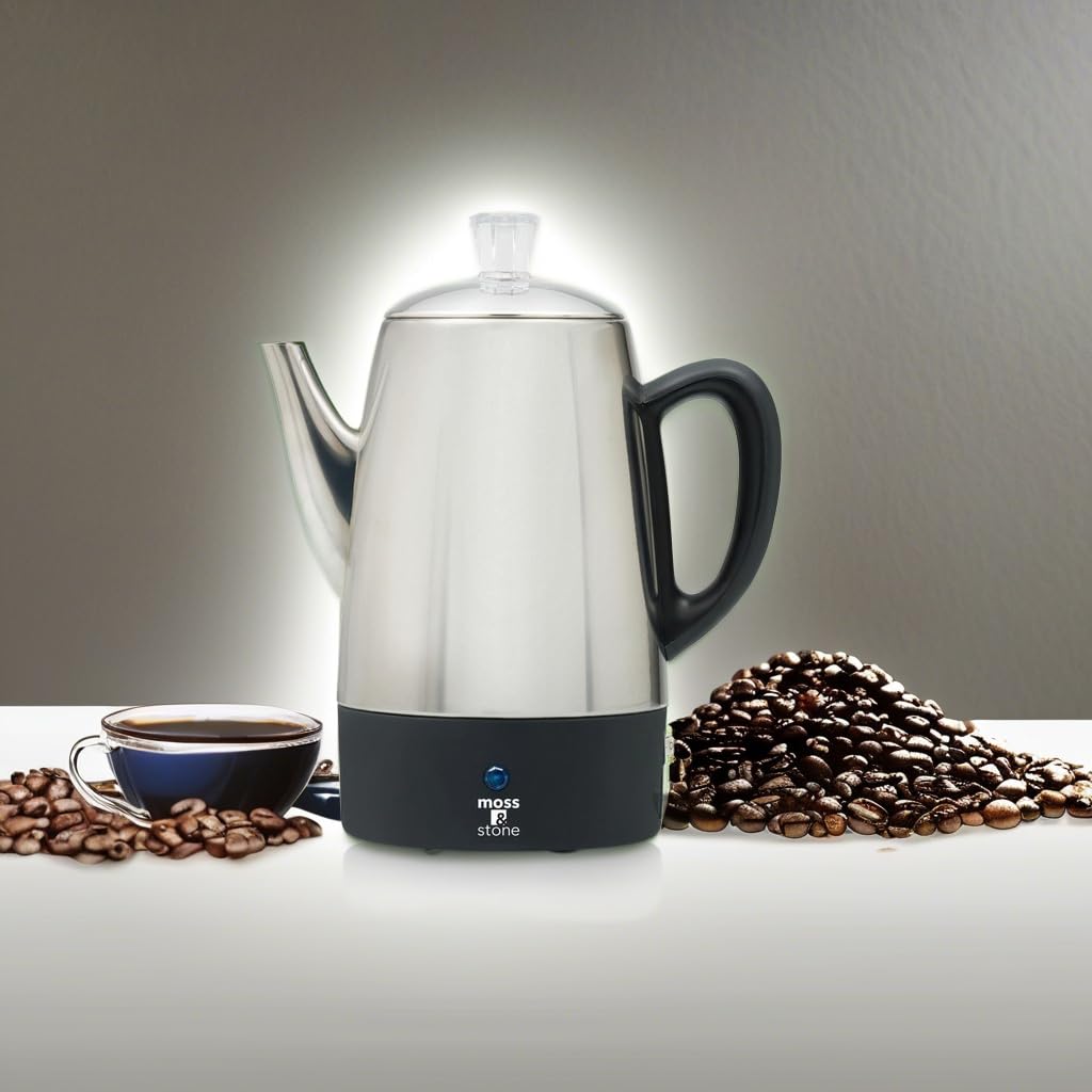 Cafetera eléctrica Moss & Stone de acero inoxidable para 10 tazas, cafetera eléctrica con función de mantener caliente, cafetera eléctrica de acero inoxidable para 10 tazas con cesta para café