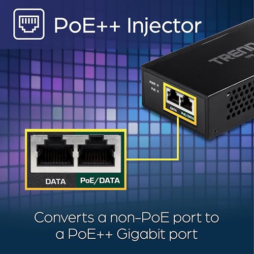 TRENDnet Inyector Gigabit PoE++, Convierte un Puerto no PoE a un Puerto PoE++ Gigabit, PoE (15.4W), PoE+ (30W), o PoE++ (95W), hasta 100m (328 ft), Fuente de alimentación integrada, Negro, TPE-119GI
