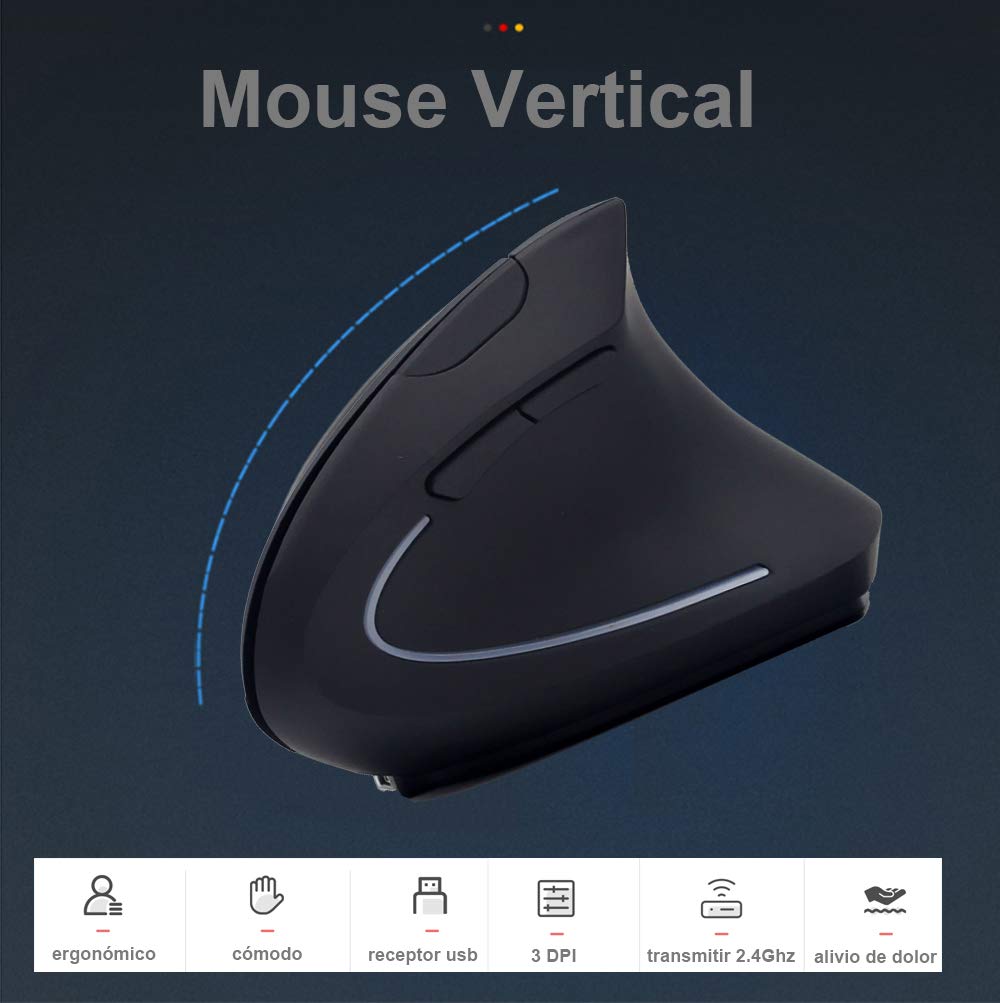 Mouse Ergonómico Inalámbrico Recargable Negro con Diseño de 6 Botones y 3 DPIs Ajustables