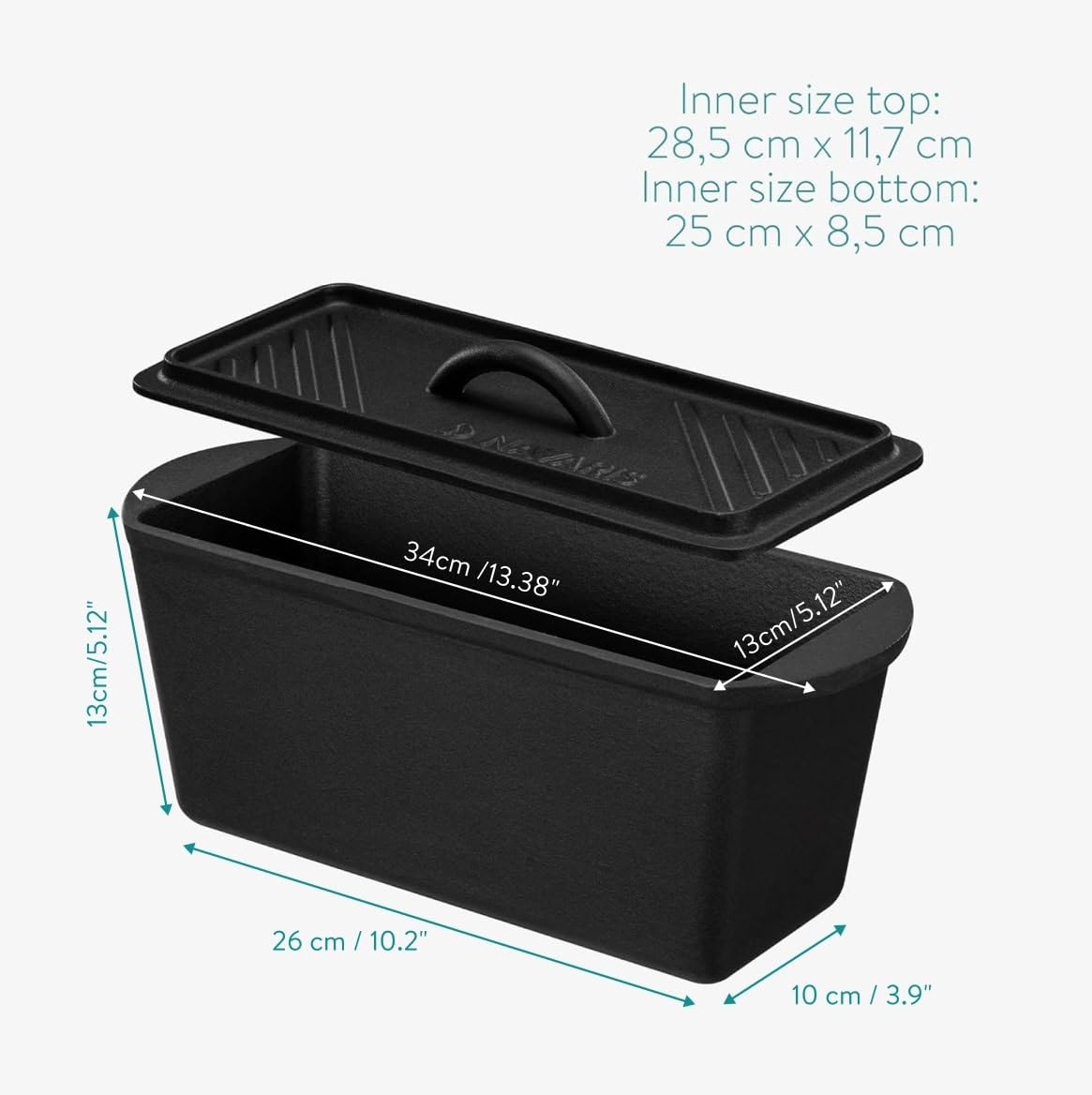 Navaris Olla para Hornear Pan - Cacerola Rectangular 34 x 13 x 13 cm de Hierro Fundido para Horno Bbq Vitrocerámica Inducción - Cazuela con Tapa - Negro