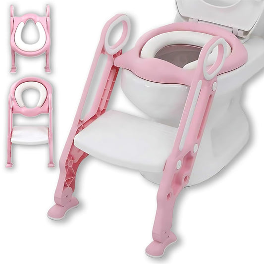 Asiento Entrenador para Inodoro Bañera para Bebe - Plegable Escalera para Niños, Alfombra Suave de PVC Mejorada de Desmontable, Altura Ajustable, Antideslizante, Fácil de Limpiar (Rosa y blancozao)