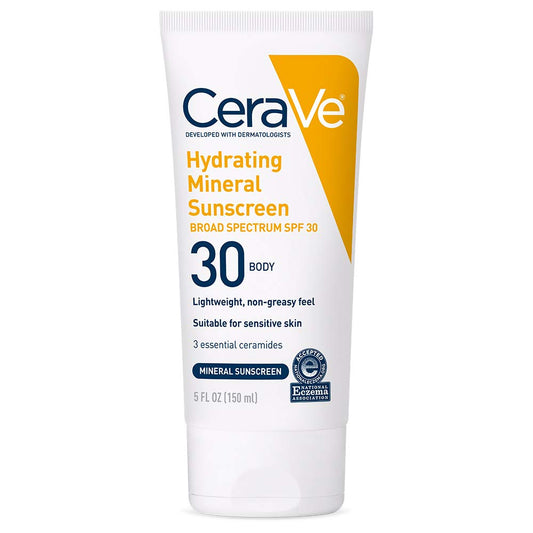 CeraVe 100% Mineral Sunscreen SPF 30 | Body Sunscreen with Zinc Oxide & Titanium Dioxide for Sensitive Skin | 5 oz, 1 Pack