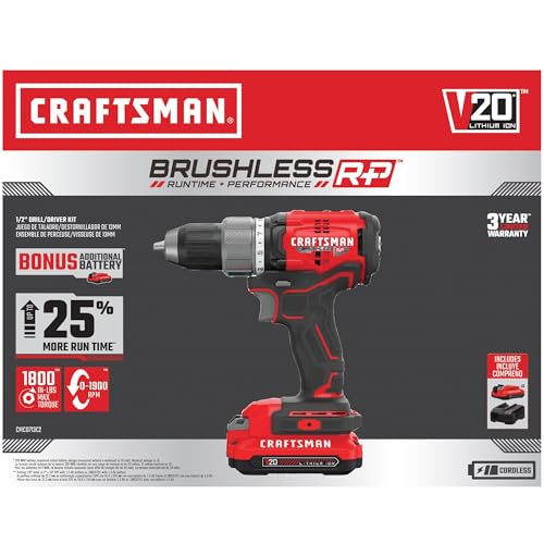 CRAFTSMAN RP+ Kit de taladro/driver inalámbrico, con 2 baterías y cargador, sin escobillas (CMCD713C2)