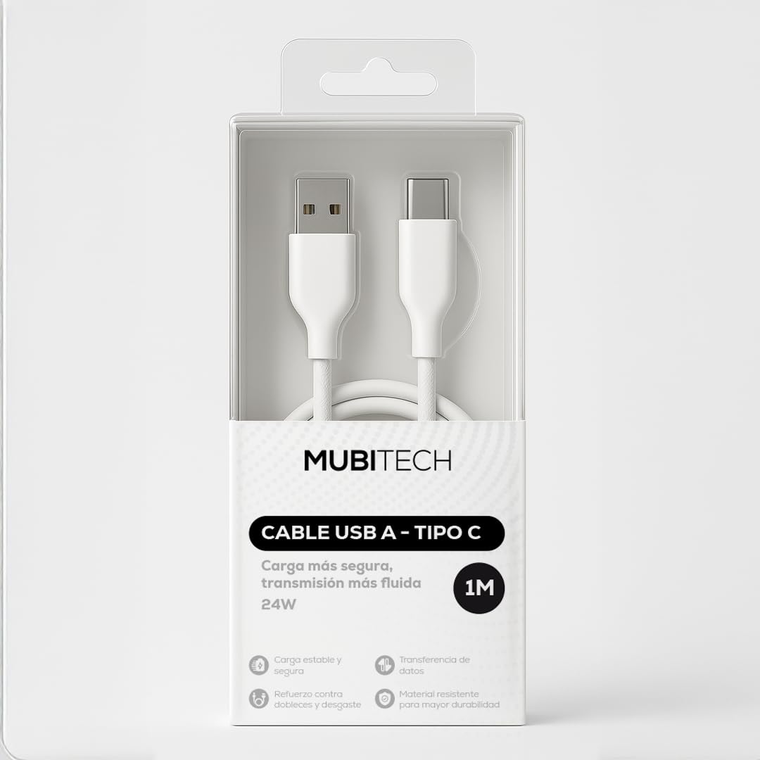 Cable USB Tipo A a C MUBITECH Blanco y Negro Carga Rápida Compatible Tipo C