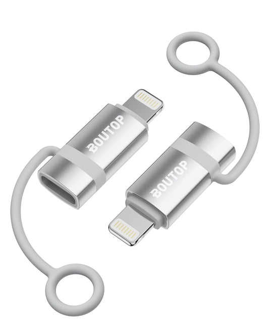 BOUTOP [Certificado MFi] Adaptador USB C a Lightning de 36 W, compatible con carga rápida PD compatible con iPhone iPad Airpods, con soporte antipérdida, color plateado, paquete de 2