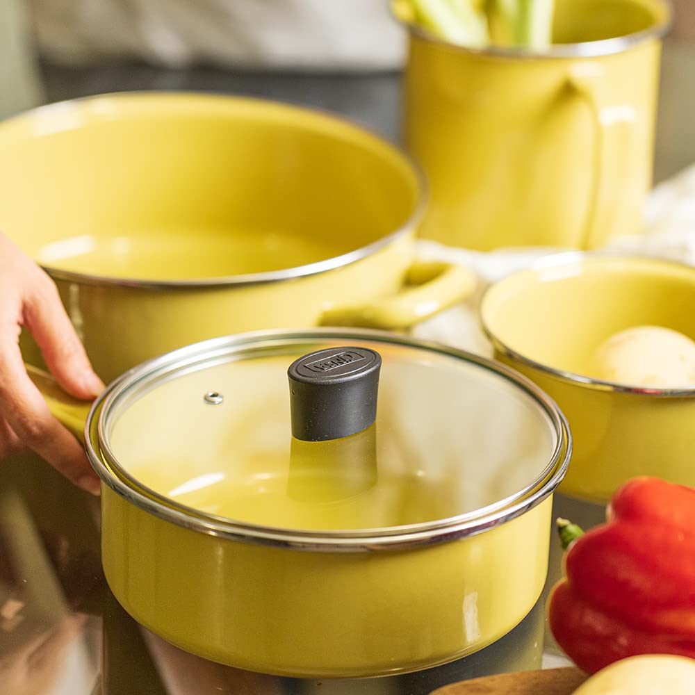 Cinsa Batería de cocina Praktica12 piezas, acero vitrificado con anillo inox, sartén aluminio con antiadherente, tapas planas de vidrio templado (Lima)
