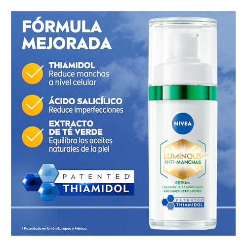 NIVEA LUMINOUS630 Anti-manchas Serum Facial Anti-imperfecciones (30 ml) - Con Ácido Hialurónico, Ácido Salicílico y Extracto de Té Verde, para una Piel Uniforme, Suave y matificada.