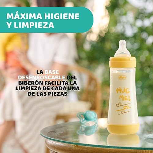 Chicco Perfect 5 Biberones Anticólicos con Tetina de Silicona de Flujo Rápido para Bebés 4 Meses, Biofuncional con Sistema Intuiflow, Color Amarillo, 300 ml