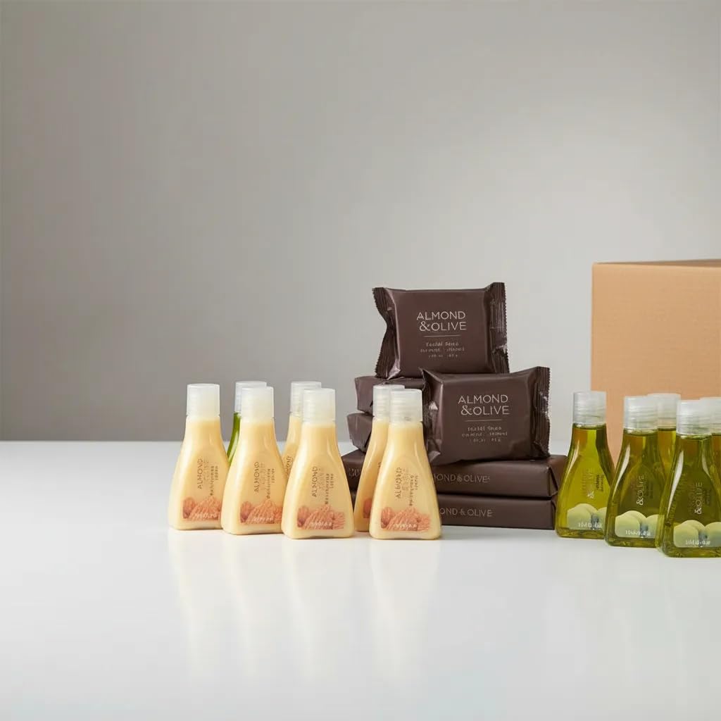 Jypesa | Jabón Hotelero Almond & Olive | Amenidades Hoteleras para Hotel y Airbnb | Kit de Baño 144 Piezas | Jabones Crema y Shampoo