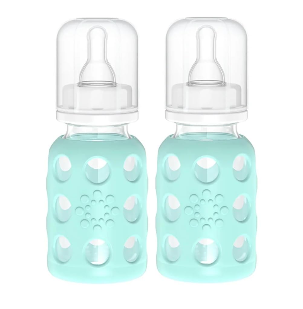 Lifefactory Biberón de vidrio para bebé libre de BPA | Funda protectora de silicona | Paquete de 4 oz, 2 unidades | Menta