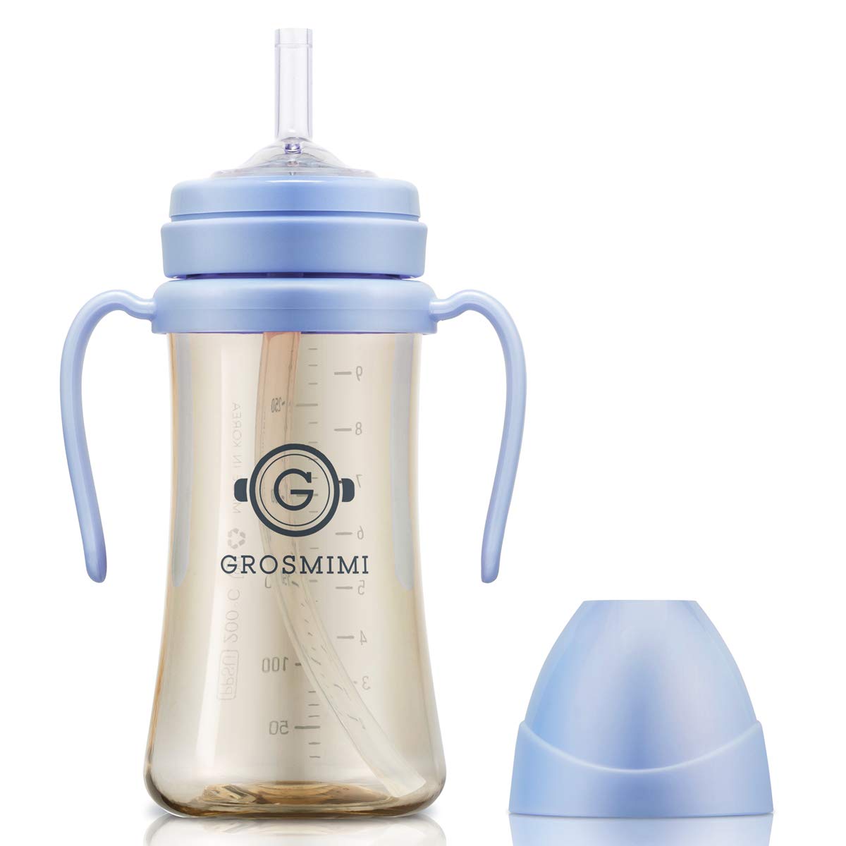 GROSMIMI - Taza mágica sin derrames a prueba de derrames con pajita con asa para bebés y niños pequeños, personalizable, sin BPA, 10 onzas (azul cielo)