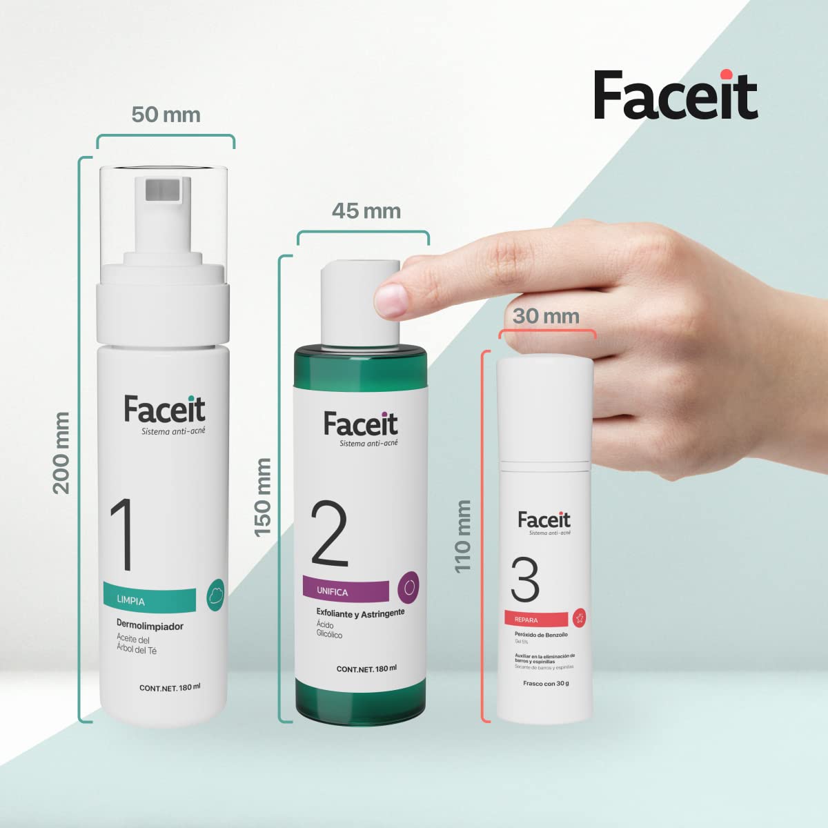 FACEIT Rutina para Combatir Acné de 3 Pasos: Limpia, Unifica y Repara tu Cara | Peróxido de Benzoílo 5% y Ácido Glicólico | Skincare | Acné Leve a Moderado | Sistema Antiacné Completo (Kit)