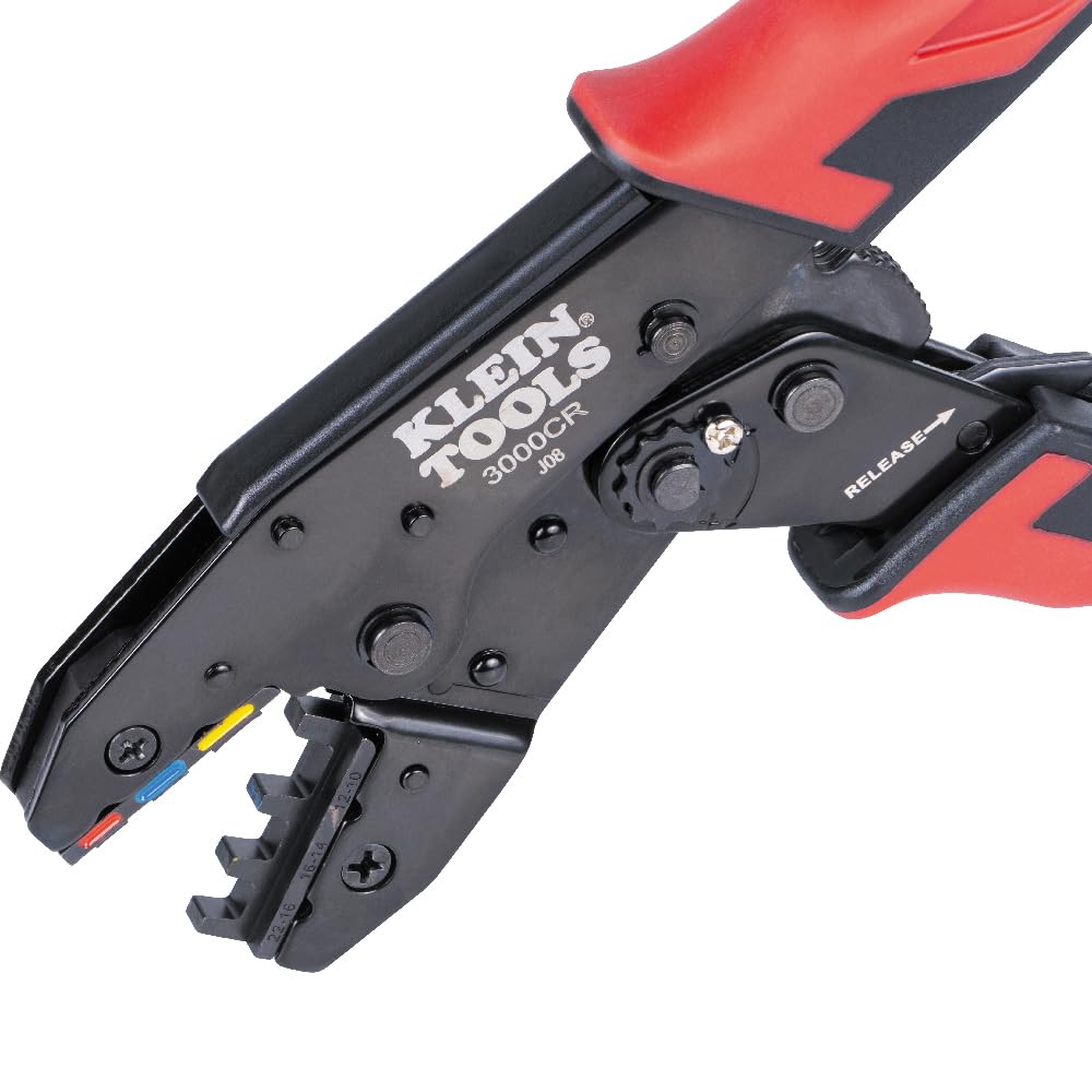 Klein Tools 3007CR - Herramienta de crimpado para conectores termoencogibles, crimpadora de terminales de carraca, alambre de cobre trenzado de 10 a 22 AWG, ciclo completo, 3 cavidades