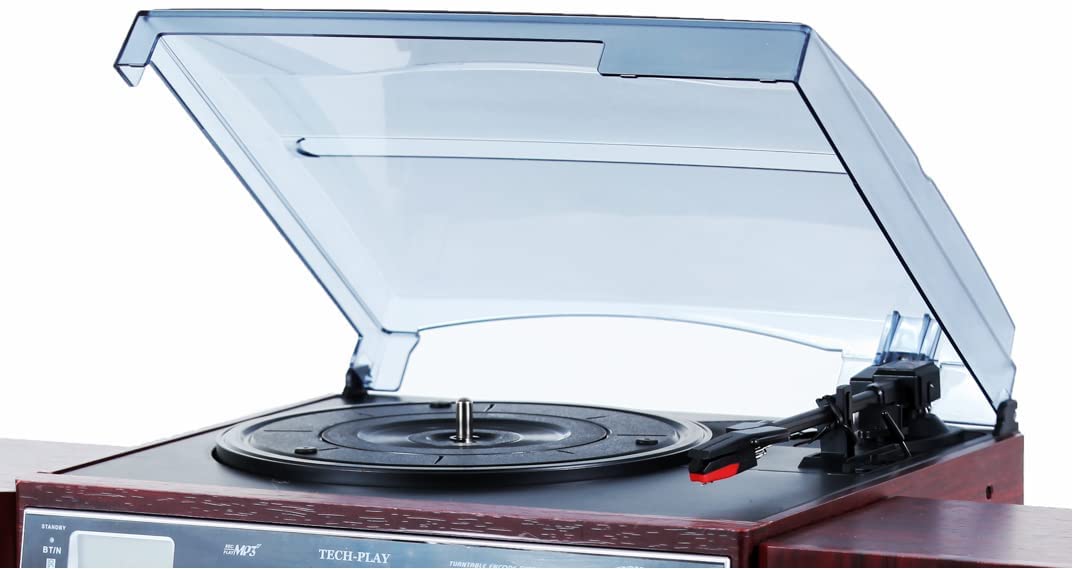 TechPlay Karaoke habilitado, 30 W RMS, placa giratoria clásica retro, NFC Bluetooth, reproductor de cassette/grabadora doble, reproductor de CD MP3, puertos SD USB, reloj despertador digital AM/FM y