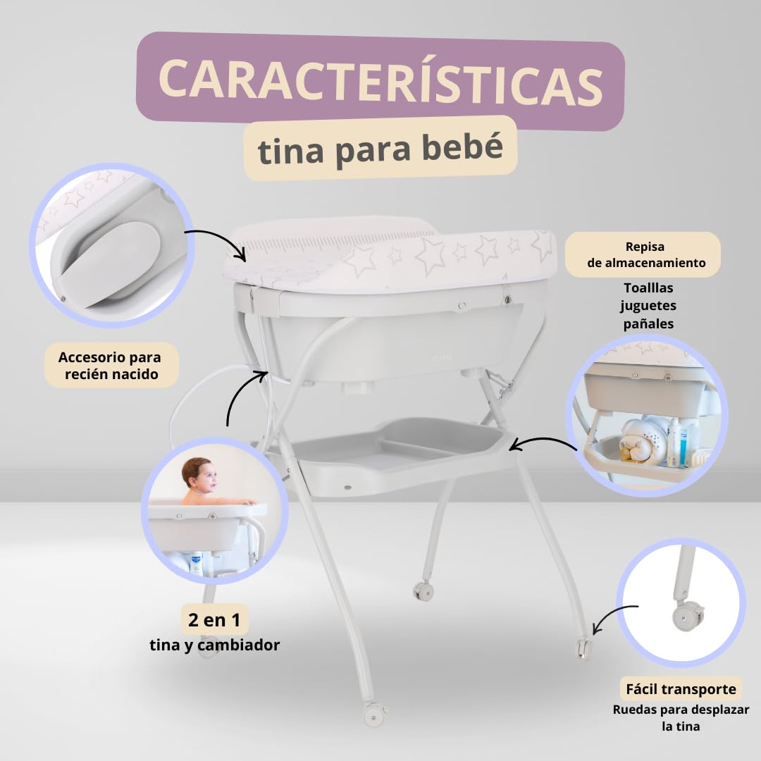 Bañera Nuzu Bebe Ergonómica Compacta con Cambiador y Sistema Antimoho